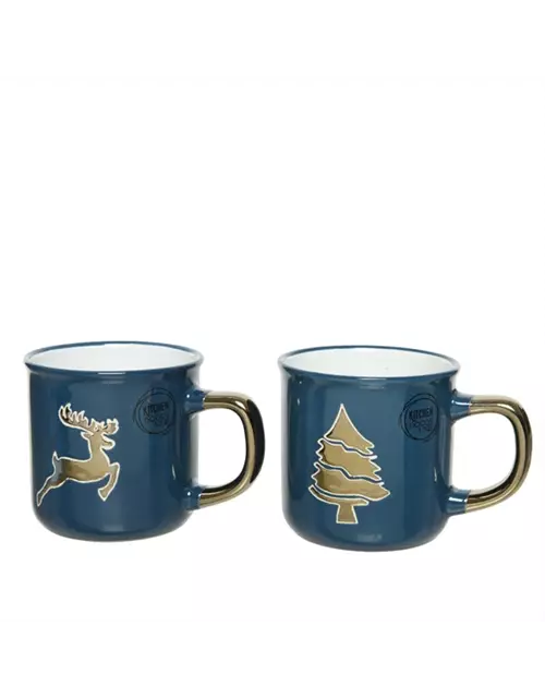 Becher in blau mit Weihnachtsmotiv aus Steingut