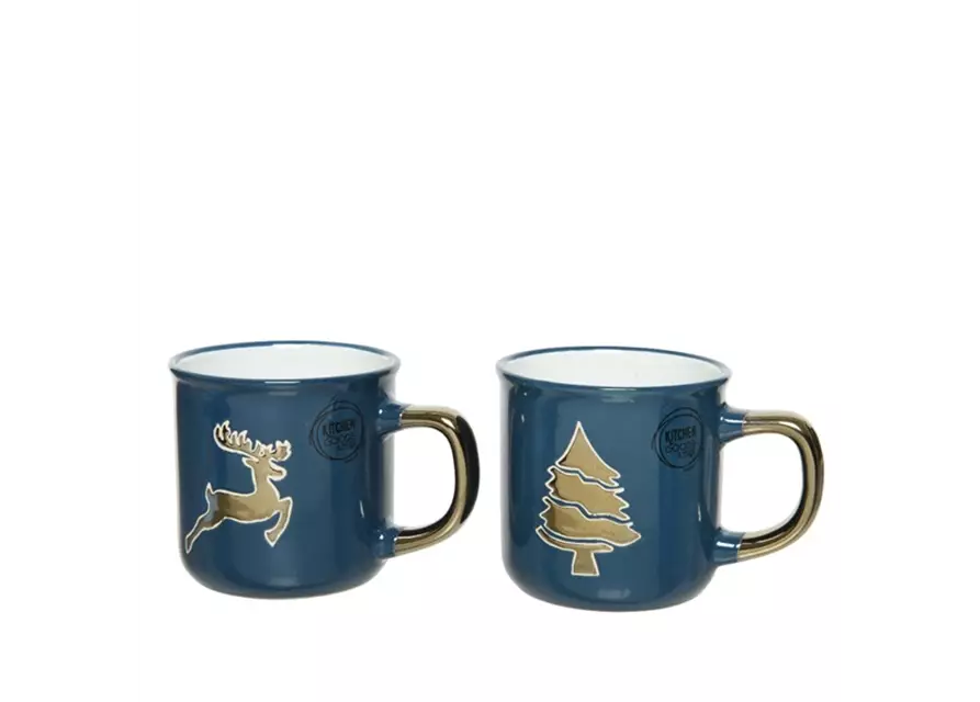 Becher in blau mit Weihnachtsmotiv aus Steingut