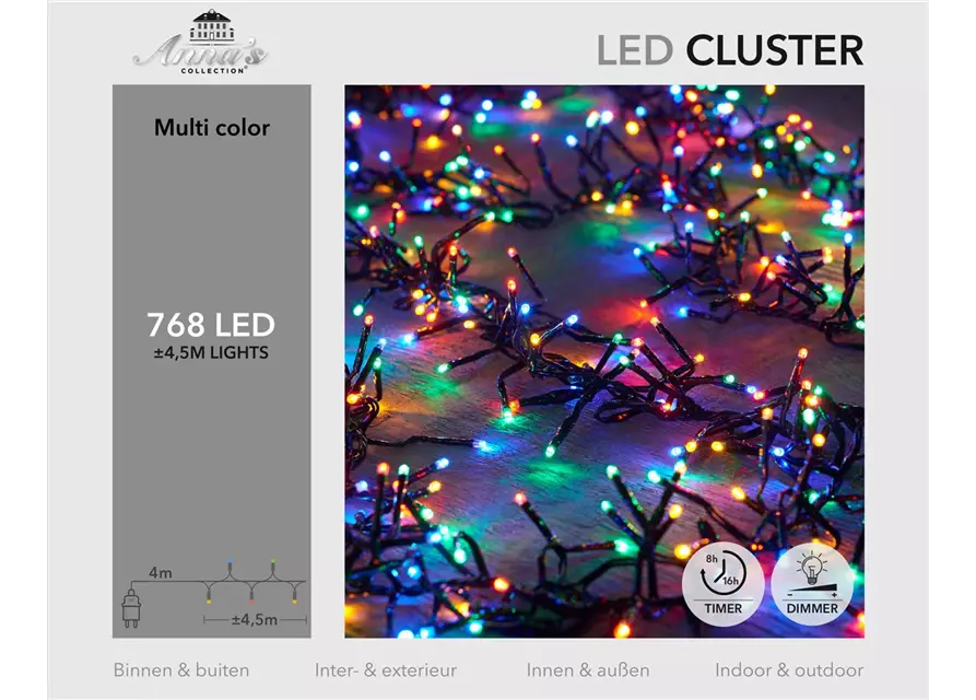 LED-KETTE CLUSTER, BUNT, 768LED 4,5M, innen und außen